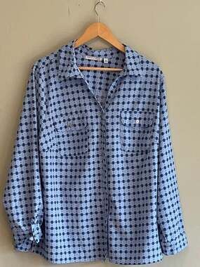 Y2K Women's 2XL Vibrant Blue Geometric Diamond Print Roll-Tab Sleeve Blouse
